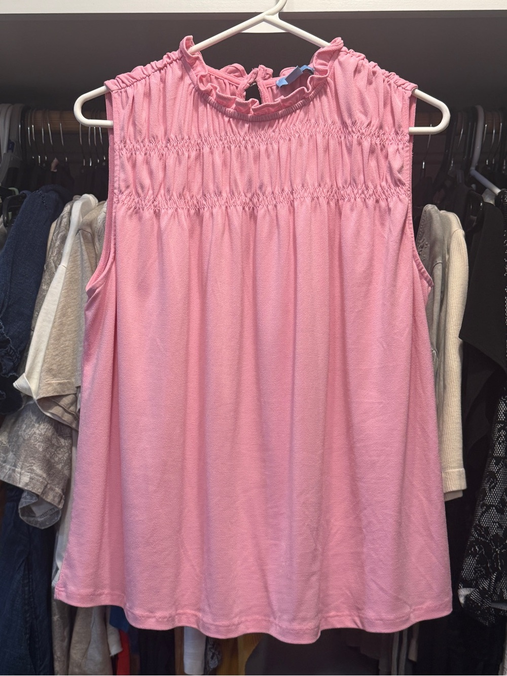 CeCe Pink Smocked Ruffle Neck Sleeveless Top